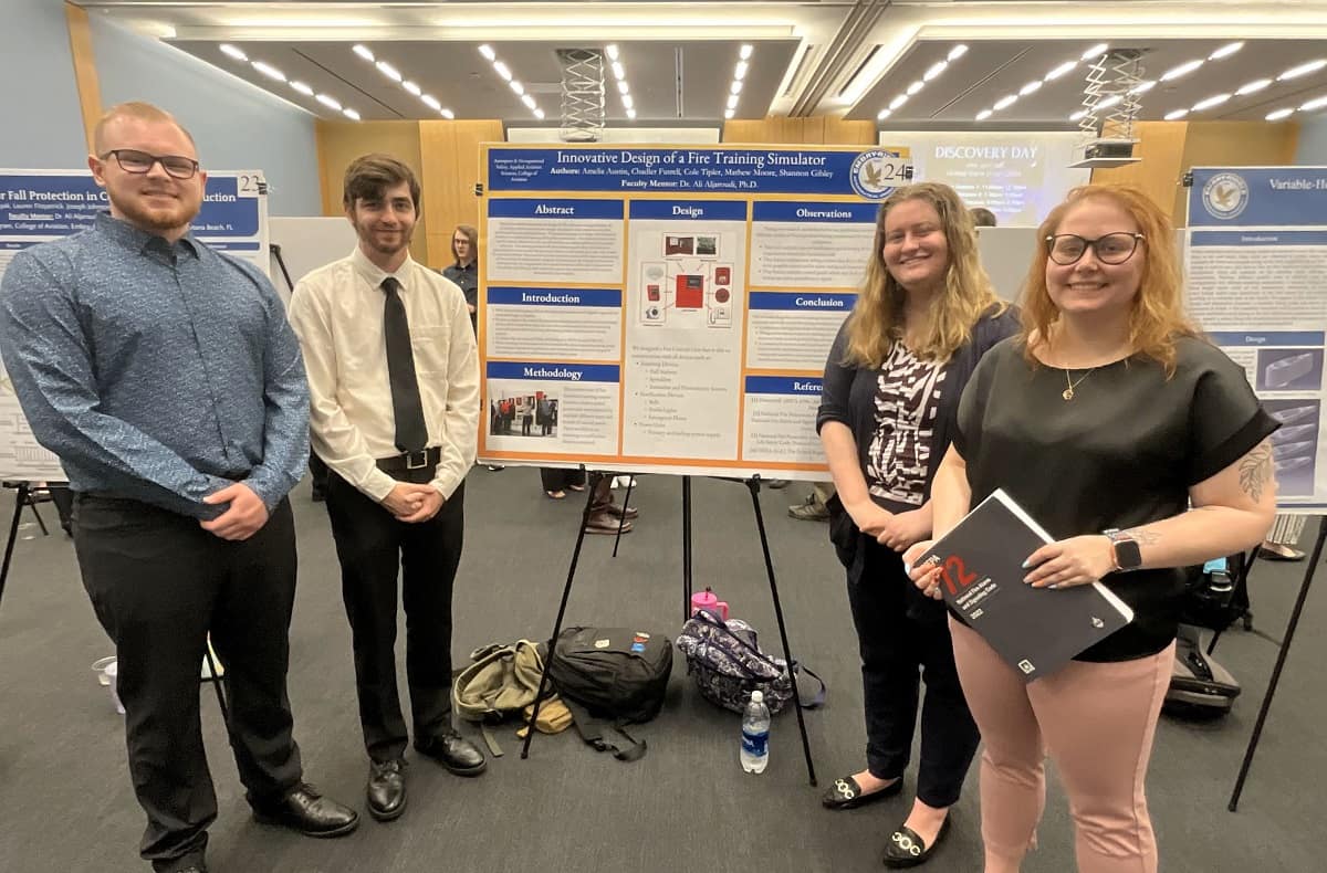 Aerospace and Occupational Safety students Cole Tipler, Matthew Moore, Shannon Gibley and Chandler Futrell, along with Amelia Austin (not pictured), won first place in one of two undergraduate sessions for their research
