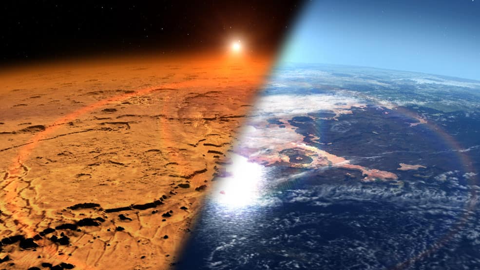 Conceptual image depicting the early Martian environment (right) – believed to contain liquid water and a thicker atmosphere – versus the cold, dry environment seen at Mars today (left). (Credits: NASA’s Goddard Space Flight Center)