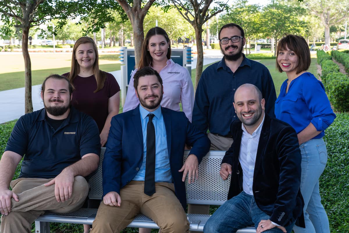 Understanding what happens in healthcare “handoff” situations was the focus of research by (L-R, standing) Emily Rickel, Jordan Hilgers, Richard Simonson, Dr. Elizabeth Lazzara, and (L-R, seated) Andrew Griggs, Logan Gisick and Dr. Joe Keebler. Photo: Embry-Riddle/Daryl LaBello