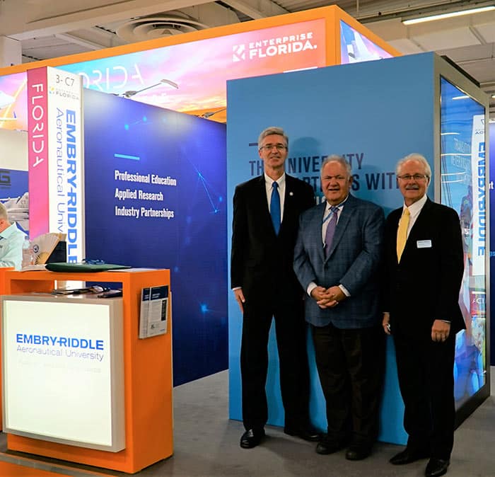 Embry-Riddle Board of Trustees Chairman Mori Hosseini (middle) and Trustee Dr. Charles Duva (right) were on hand at the Florida Pavilion opening at the Paris Air Show, where President P. Barry Butler (left) announced the university’s new partnership with Arralis.