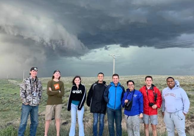 Taking part in a recent summer study trip focused on meteorology were students (L-R) Austin Curtis, Corey Eberly, Sarah Roddey, Endri Bejte, Tristyn Bemis, Casandra Penuela, Wyatt Morin and Ivan Gumbs. They were joined on the trip by faculty members Shawn Milrad and Thomas A. Guinn as well as IT Specialist Robert Haley. (Photo: Thomas A. Guinn)