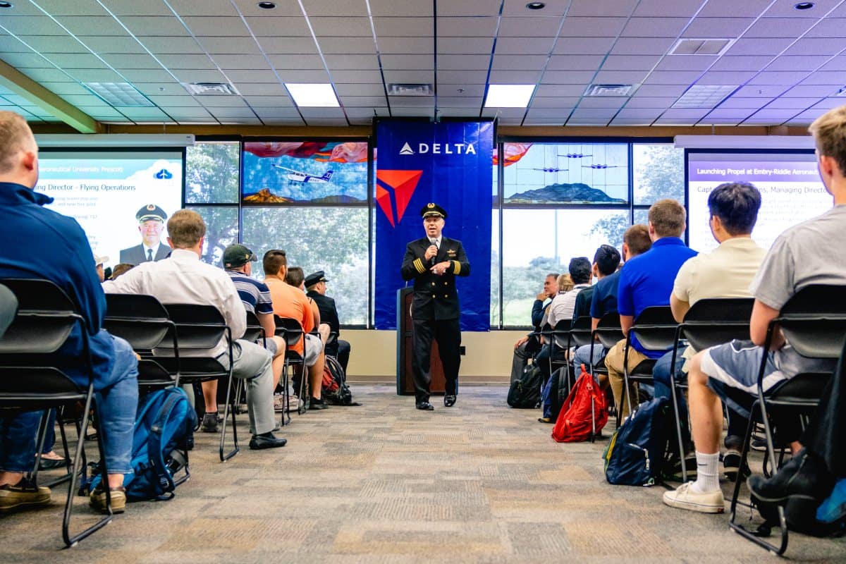 Delta Representative Capt. Patrick Burns addresses Embry-Riddle Prescott Campus students about the new Delta Propel Program Partnership with Embry-Riddle Aeronautical University