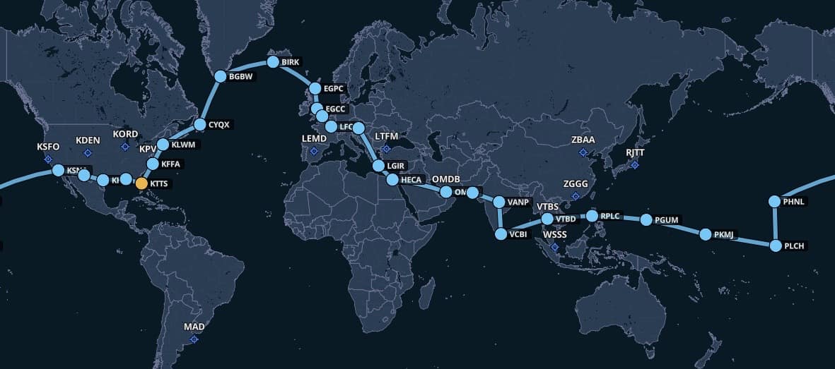 Trevor Simoneau’s route around the world will span 23,000 nautical miles.