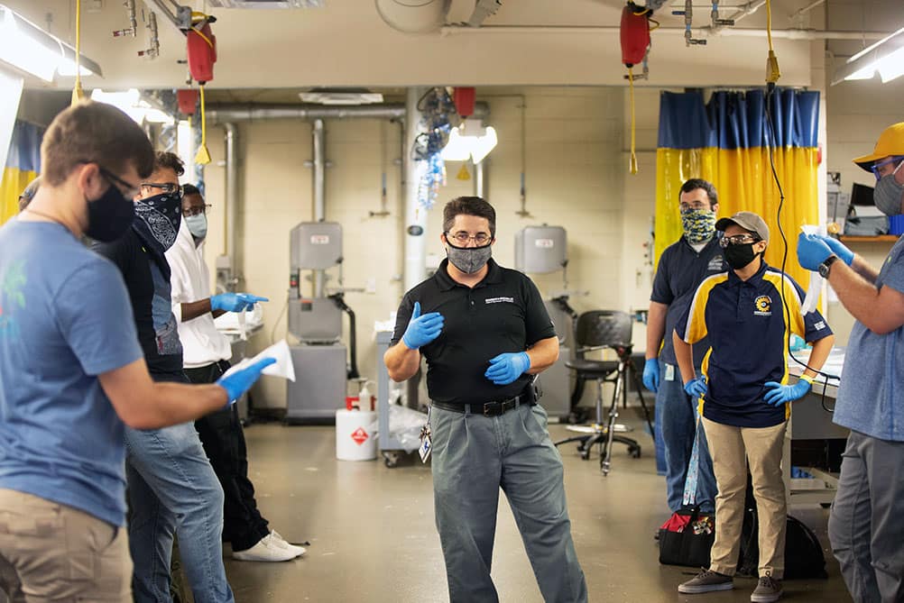 Students take a Composites class in the Aviation Maintenance Sciences building. 