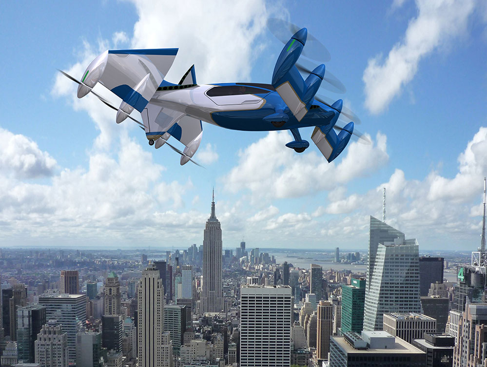 PAVER UAM concept illustration, shown flying over a city.