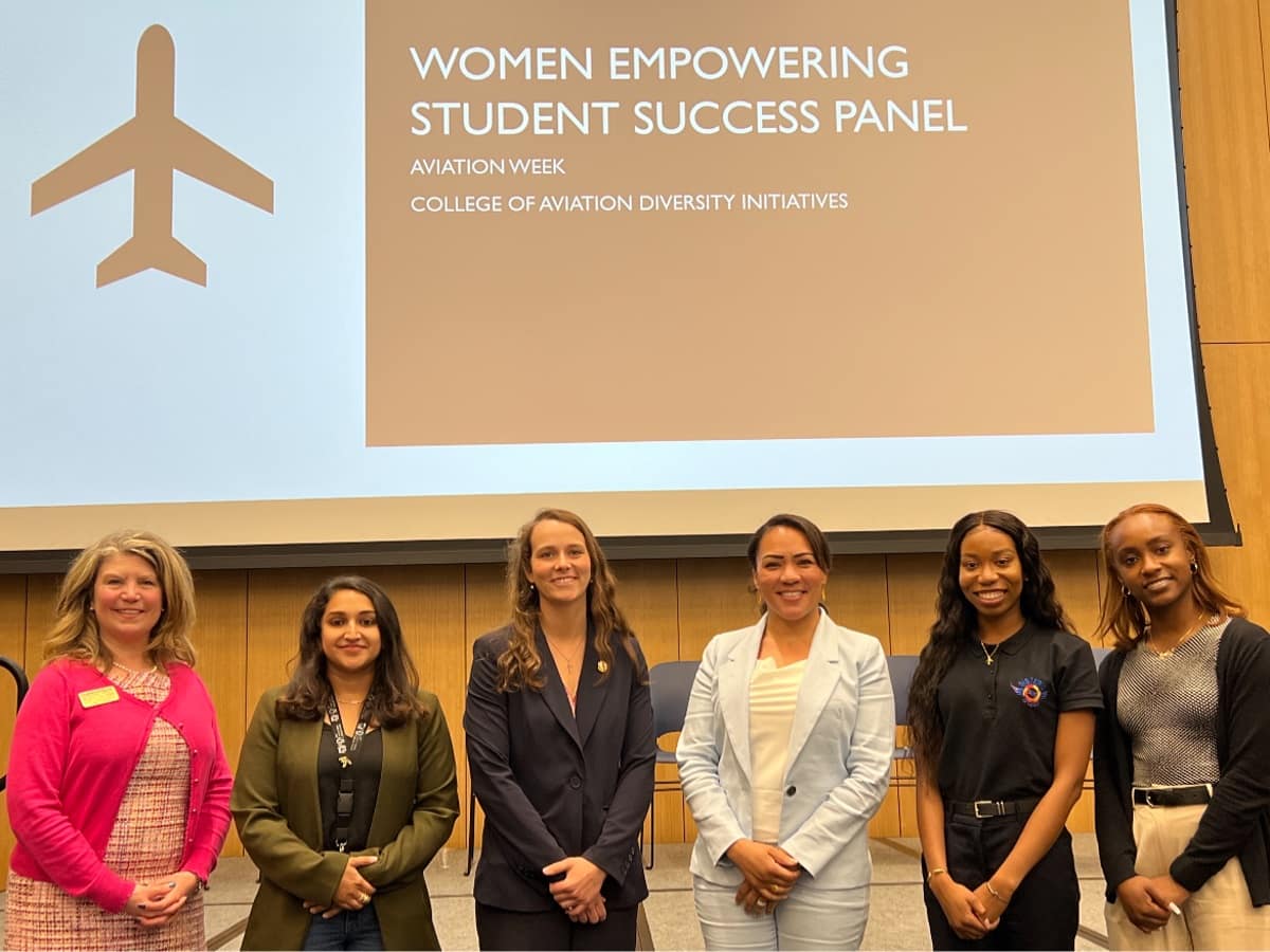 Faculty member Michele Halleran, UAS instructor Myra Malik, maintenance technician Lynze Price, and pilots Dawn Cook, Makeda Dawson and Jayla Jackson