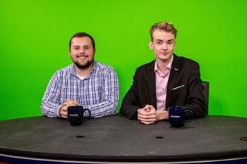 Anchors Tucker Lehtonen and Andrew Harker broadcast from a green-screen studio on Embry-Riddle’s Daytona Beach Campus