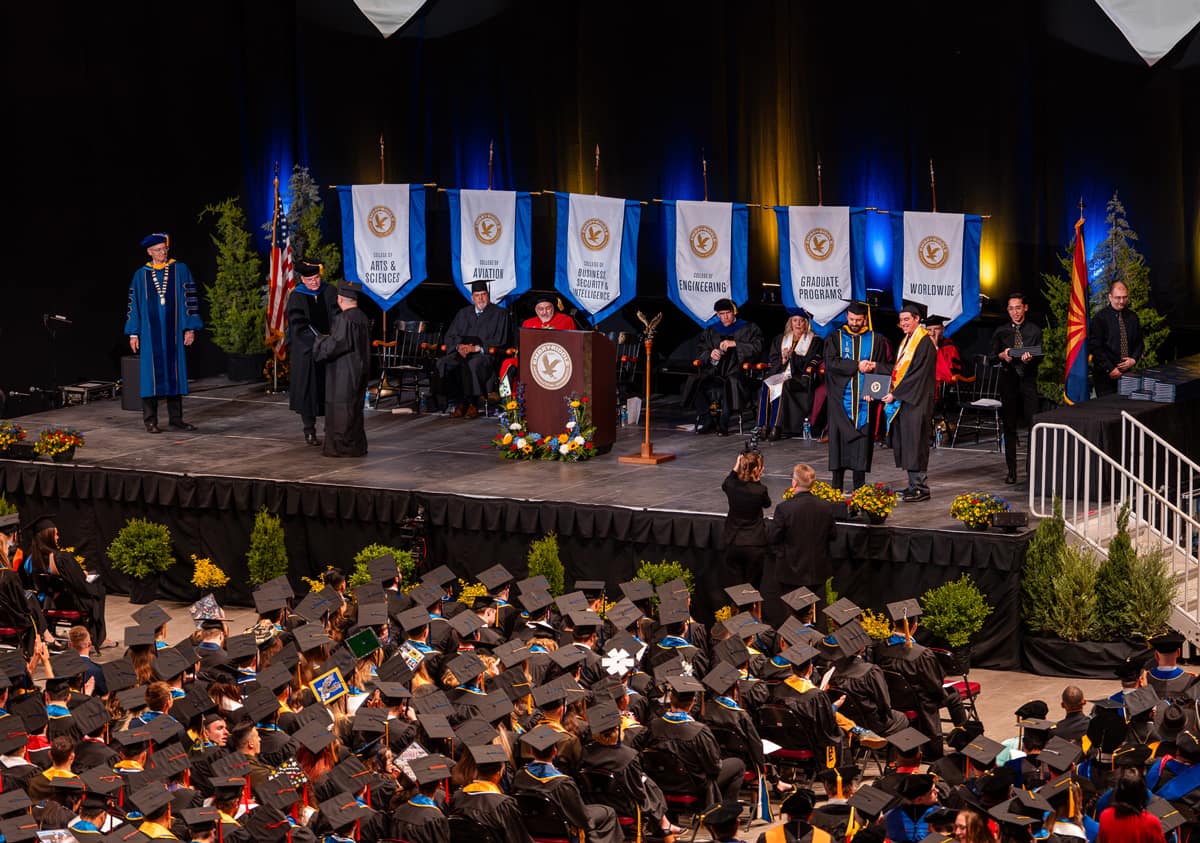 Shot of stage at Prescott spring commencement.