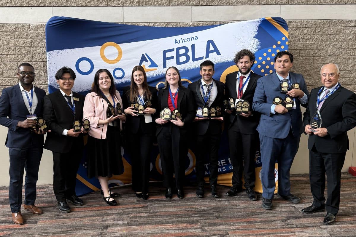 Embry-Riddle Aeronautical University students pose with their awards at the 2026 Arizona FBLA Collegiate State Leadership Conference in Tucson, Arizona, where the team secured its 18th consecutive state championship. 