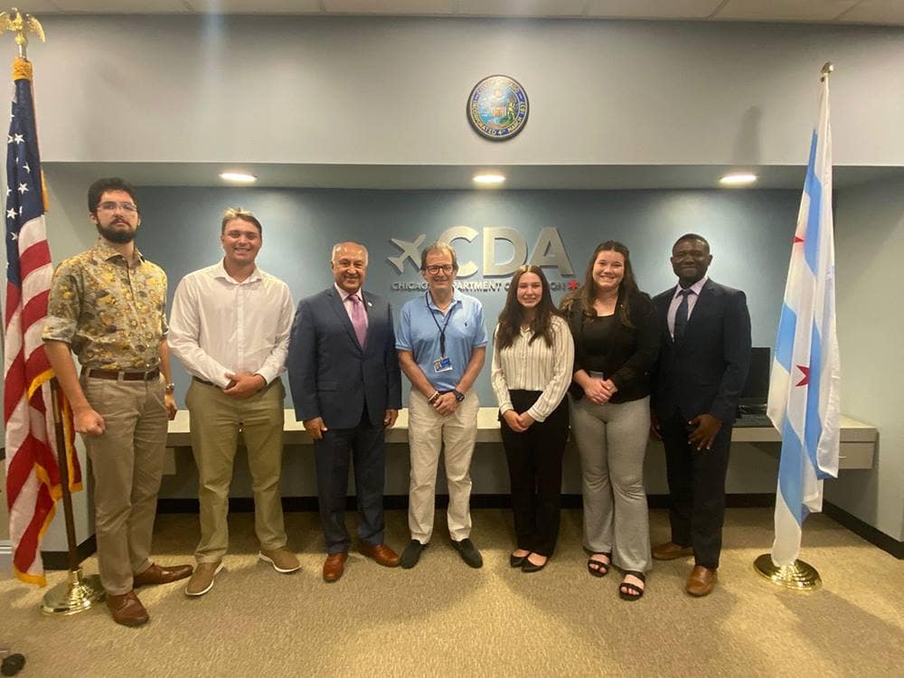 Embry-Riddle students and faculty pictured with Frank Grimaldi Jr., Deputy Commissioner of the Chicago Department of Aviation. Left to right: Tristen O’Neal, Mark Soerheide, Javad Gorijidooz, Frank Grimaldi Jr., Faith Vasquez, Ashleigh Cook and Dr. Jules Yimga.