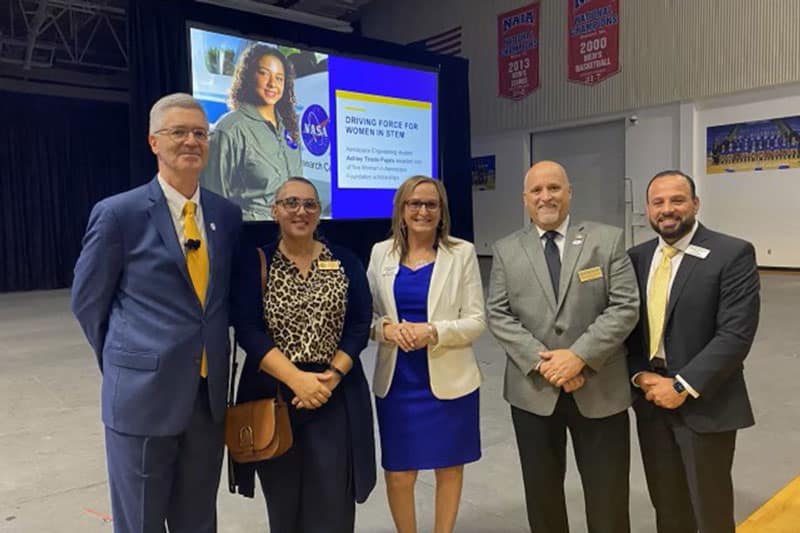 (L-R) Embry-Riddle President P. Barry Butler, PhD., with Volusia County Commissioner Monica Paris; Daytona Beach International Airport Executive Director Karen Feaster, Airport Operations Manager Dan Blake; and Volusia County Councilman Matt Reinhart