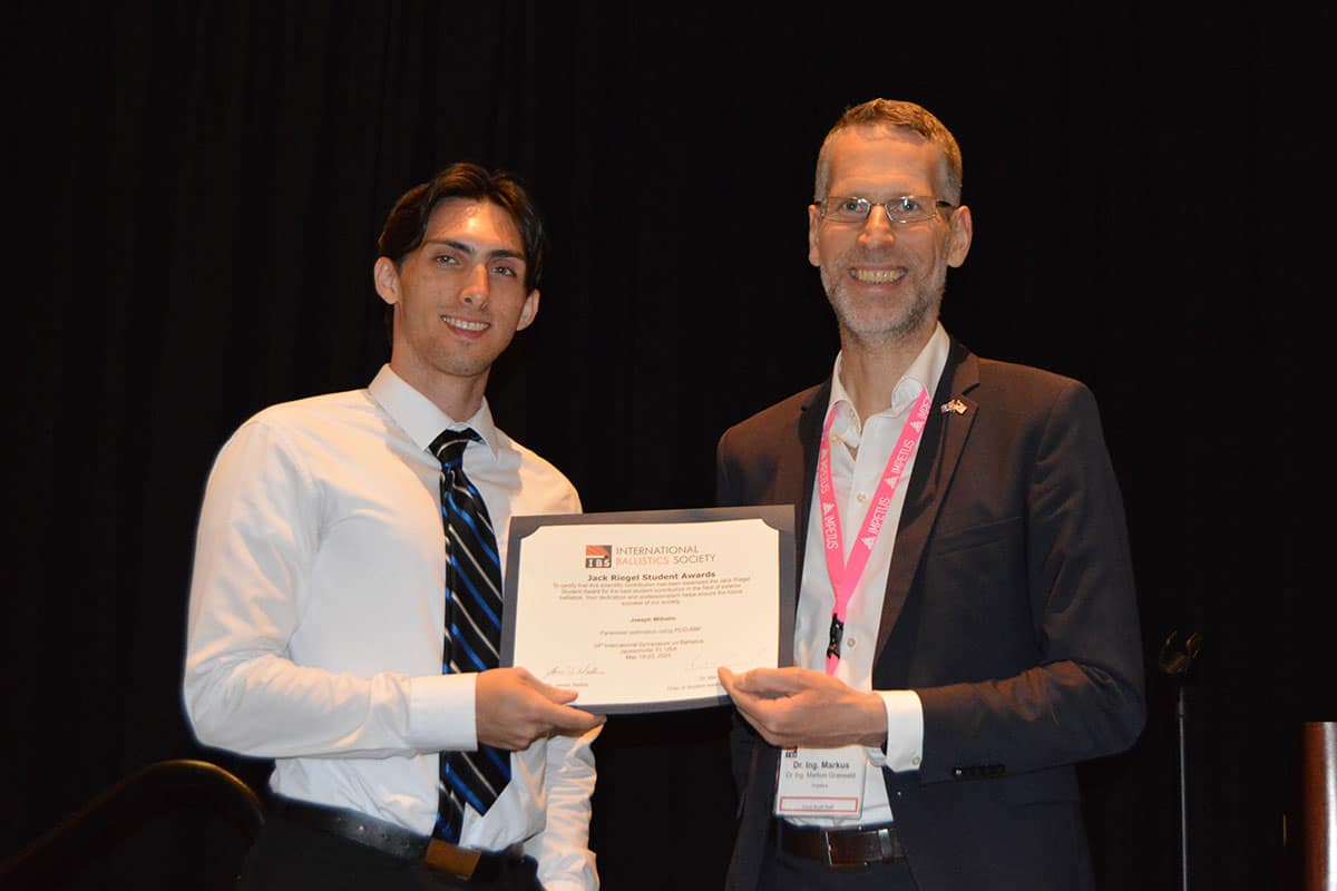 Joseph Wilhelm was presented with the Jack Riegel Student Award at the 34th International Symposium on Ballistics in May 2025