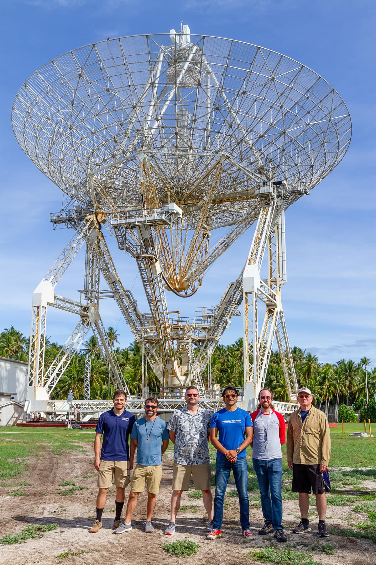 The SEED team in front of the ALTAIR ((ARPA Long-Range Tracking and Instrumentation Radar), which provided data to monitor the Sporadic E layers in real time and determine the Go/No-Go launch decision.