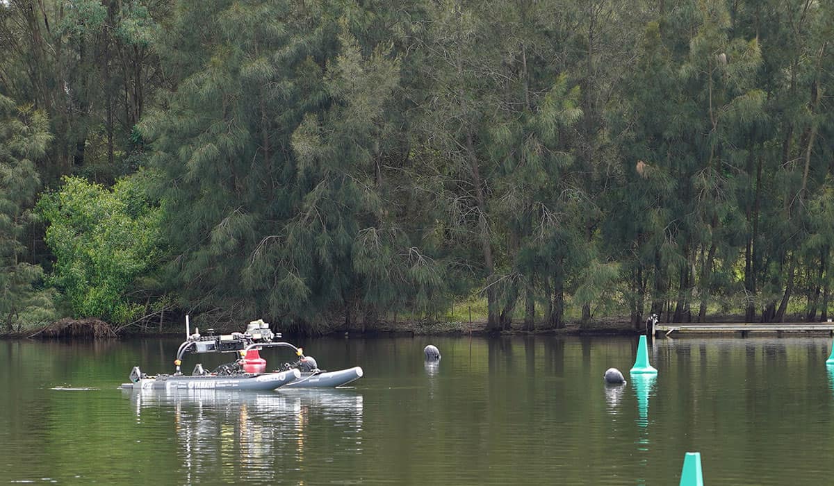 A robotic surface vessel created by students from Embry-Riddle