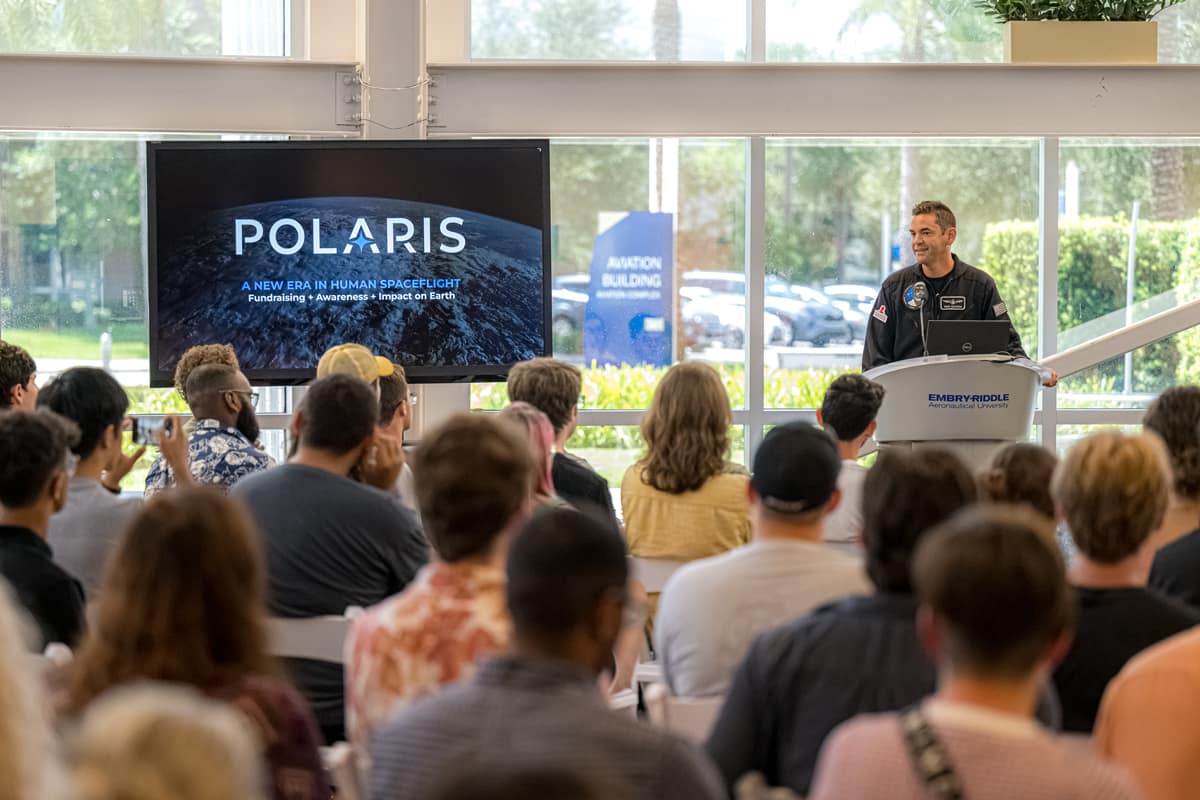 Jared Isaacman talks to ERAU students.