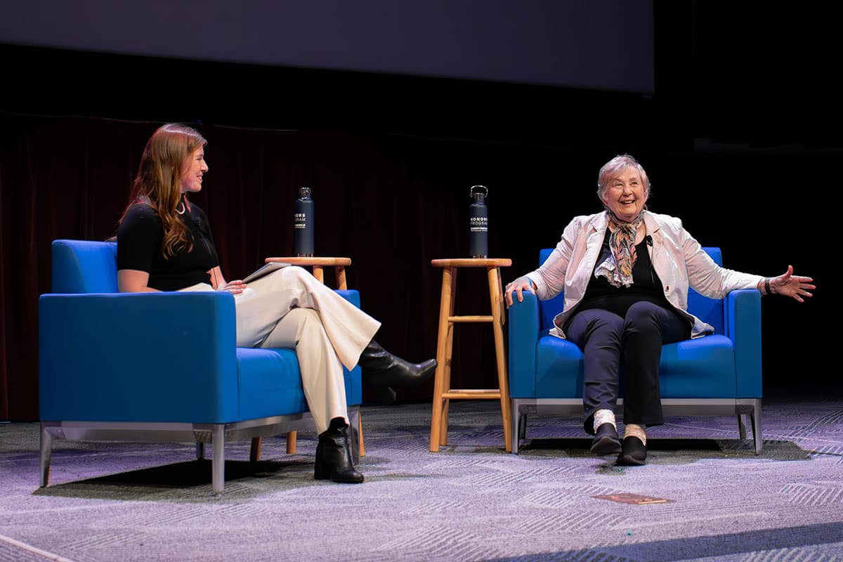 Embry-Riddle Aeronautical Science student Madison Seymour (left) interviews Frances “Poppy” Northcutt, the first woman to hold an operational support role in NASA’s Mission Control Center