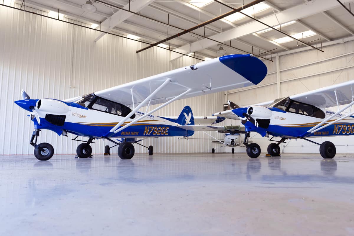 New CubCrafters NX Cubs await their next flight in the Prescott Campus hangar. The aircraft exemplify the continued evolution of Embry-Riddle’s Golden Eagles Flight Team and its legacy of excellence in the skies.