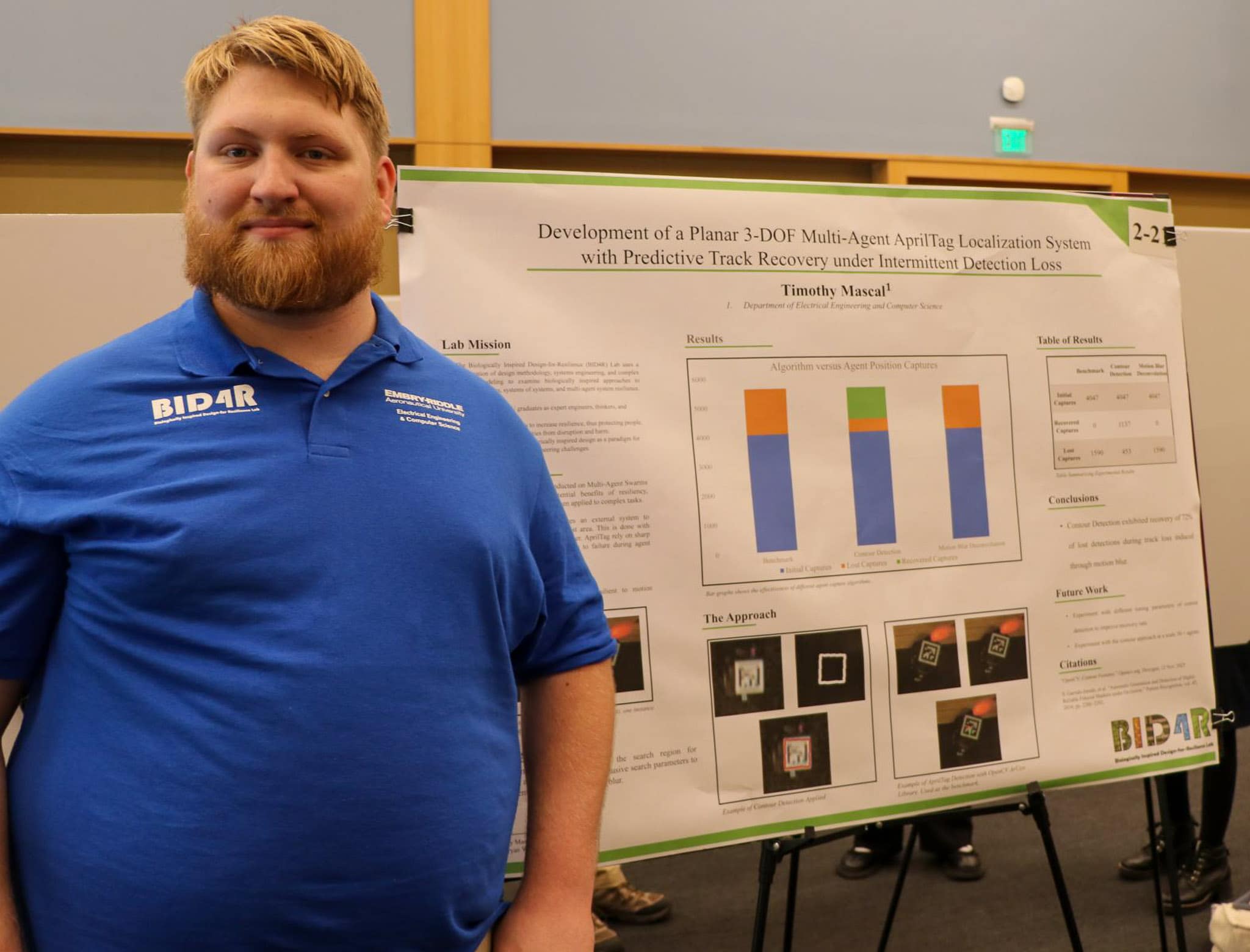 Tyler Jenkins, a sophomore Aerospace Physiology student, talks to an attendee about his research, which won the Best Overall Undergraduate Poster award at Embry-Riddle’s 2025 Student Research Symposium. His research examines how a specific strain of E. coli responds to microgravity.
