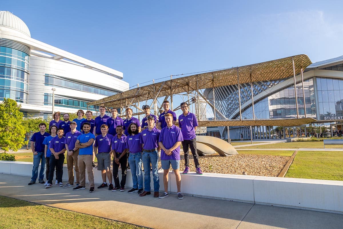 Members of the student-run Experimental Rocket Propulsion team gather on Embry-Riddle’s Daytona Beach Campus