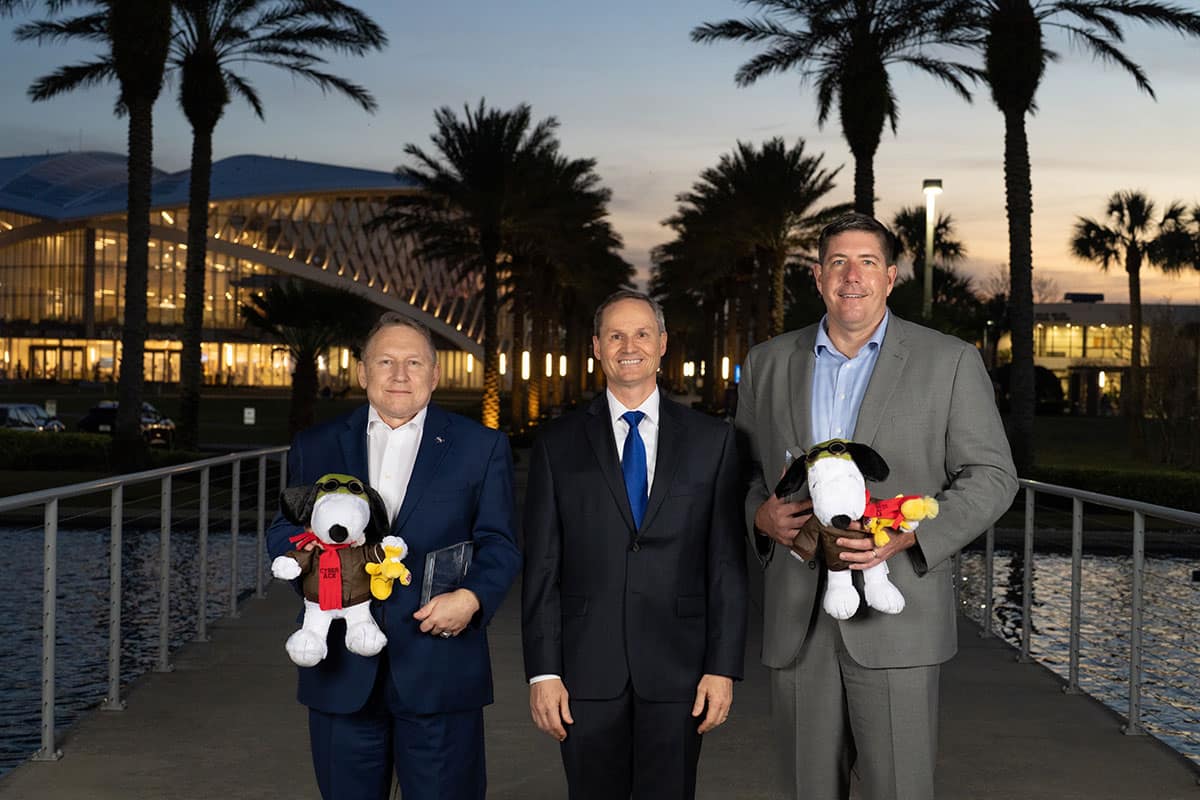 ACE Leadership Award winners Paul Hoyt Nelson (left) and Brian Connolly flank Dan Diessner, the executive director of Embry-Riddle’s Center for Aerospace Resilient Systems