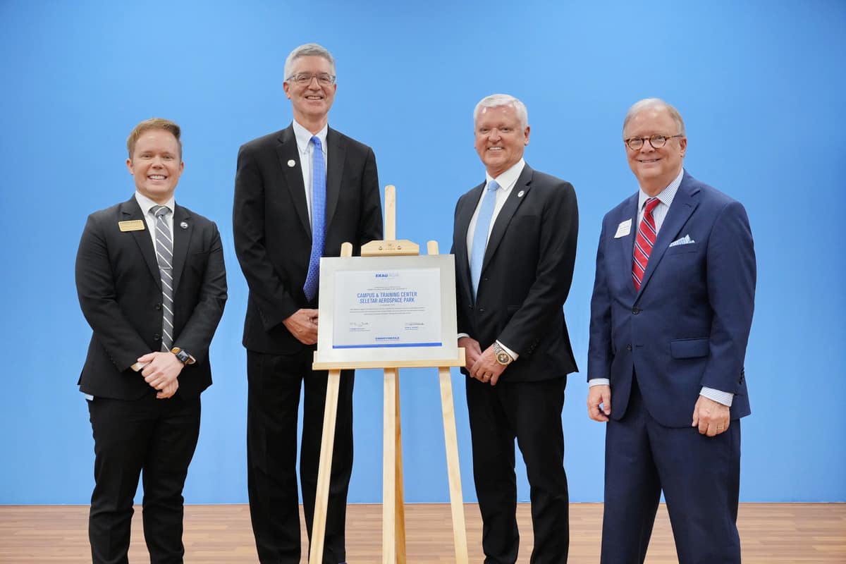 Embry-Riddle leadership marks the official opening of the new Worldwide Asia Campus and training center in Singapore’s Seletar Aerospace Park. Pictured (from left) are Embry-Riddle Vice Chancellor and Head of Asia Matthew Flaherty; Embry-Riddle President P. Barry Butler, Ph.D.; Embry-Riddle Worldwide Campus Chancellor John R. Watret; Executive Director Embry-Riddle Boeing Center for Aviation & Aerospace Safety Robert Sumwalt.