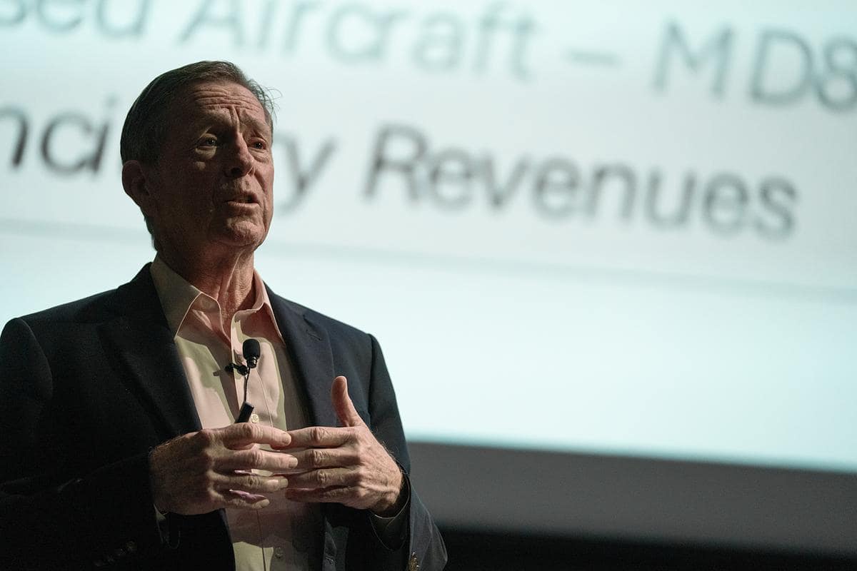 Maurice J. Gallagher, Jr., the majority owner and chairman of the board for Allegiant Travel Company, presents at the latest Presidential Speaker Series event at Embry-Riddle’s Daytona Beach Campus.