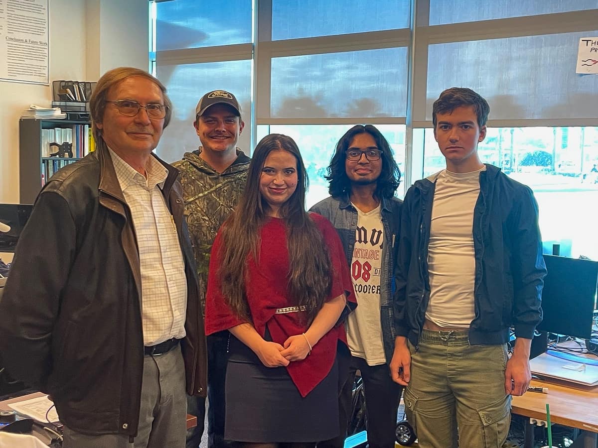 A team of Embry-Riddle students was recently selected to compete in NASA’s Lunar Autonomy Challenge. Pictured in the Engineering Physics Propulsion Lab with faculty advisor Dr. Sergey V. Drakunov are (from left) undergraduates Devon Casados, Katherine Campbell, Gregory Dsouza and Marshall Yelvington.