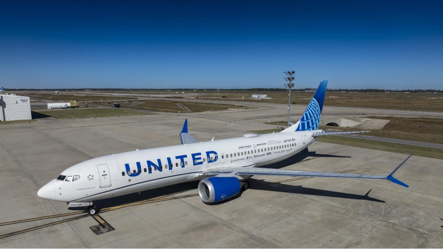 The 2025 Boeing ecoDemonstrator Explorer, a United Airlines 737-8, on the tarmac