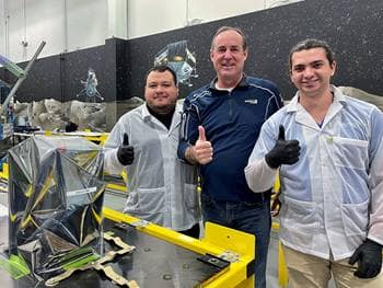 Embry-Riddle doctoral student Daniel Posada, Intuitive Machines President Steve Altemus and Mechanical Engineering undergraduate student Daniel Lopez