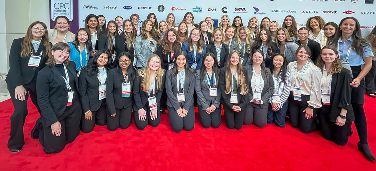 Women from Embry-Riddle Aeronautical University pose for a photo at the Society of Women Engineers conference in Chicago
