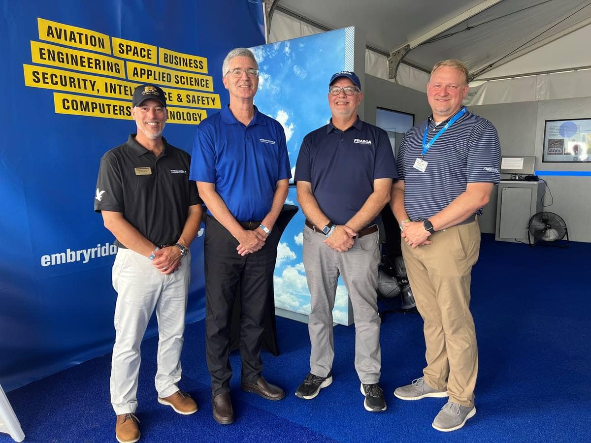 Embry-Riddle College of Aviation Dean Tim Holt and President P. Barry Butler, Ph.D., attended a ceremony at EAA AirVenture Oshkosh this week, with reps from Frasca International, to celebrate a new $5 million agreement to bring new flight-training equipment to the Prescott Campus.