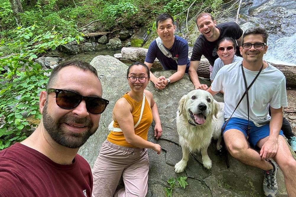 Canales and his dog, Frosty, enjoyed an outing with Mirzayan fellows at Shenandoah National Park in the Blue Ridge Mountains of Virginia