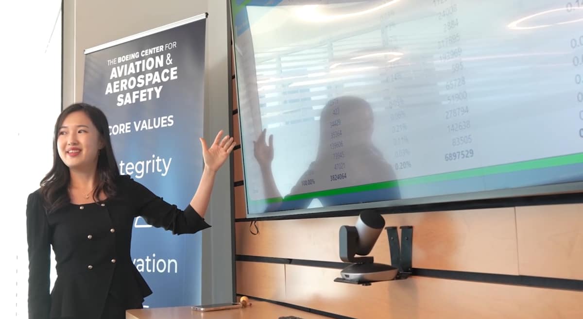 Aviation Ph.D. candidate and graduate research assistant Sang-A Lee briefs the research team about UAS sightings and registration data to help contextualize the research findings.