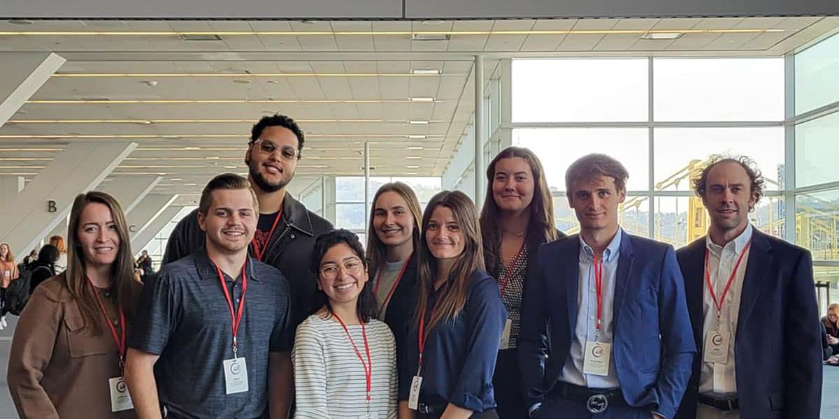 (from left) Professor Katy-Jan Bobseine, Zachary Garcia, Gabriel Ledezma, Lauren Estrada, Chloe Nelson, Hailey Thatcher, Maliah Juker, Emanuele Bossi and Dr. John Woodman