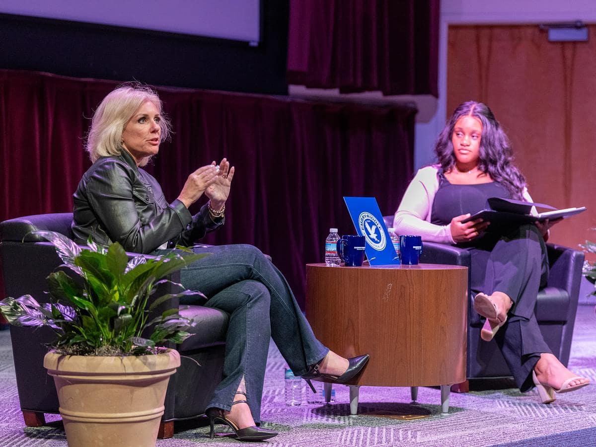 Student moderator Shyan Khalil (at right), a 2023 NTSB intern and president of the American Society of Safety Professionals group at Embry-Riddle’s Daytona Beach campus, prepared questions for the NTSB Chair.