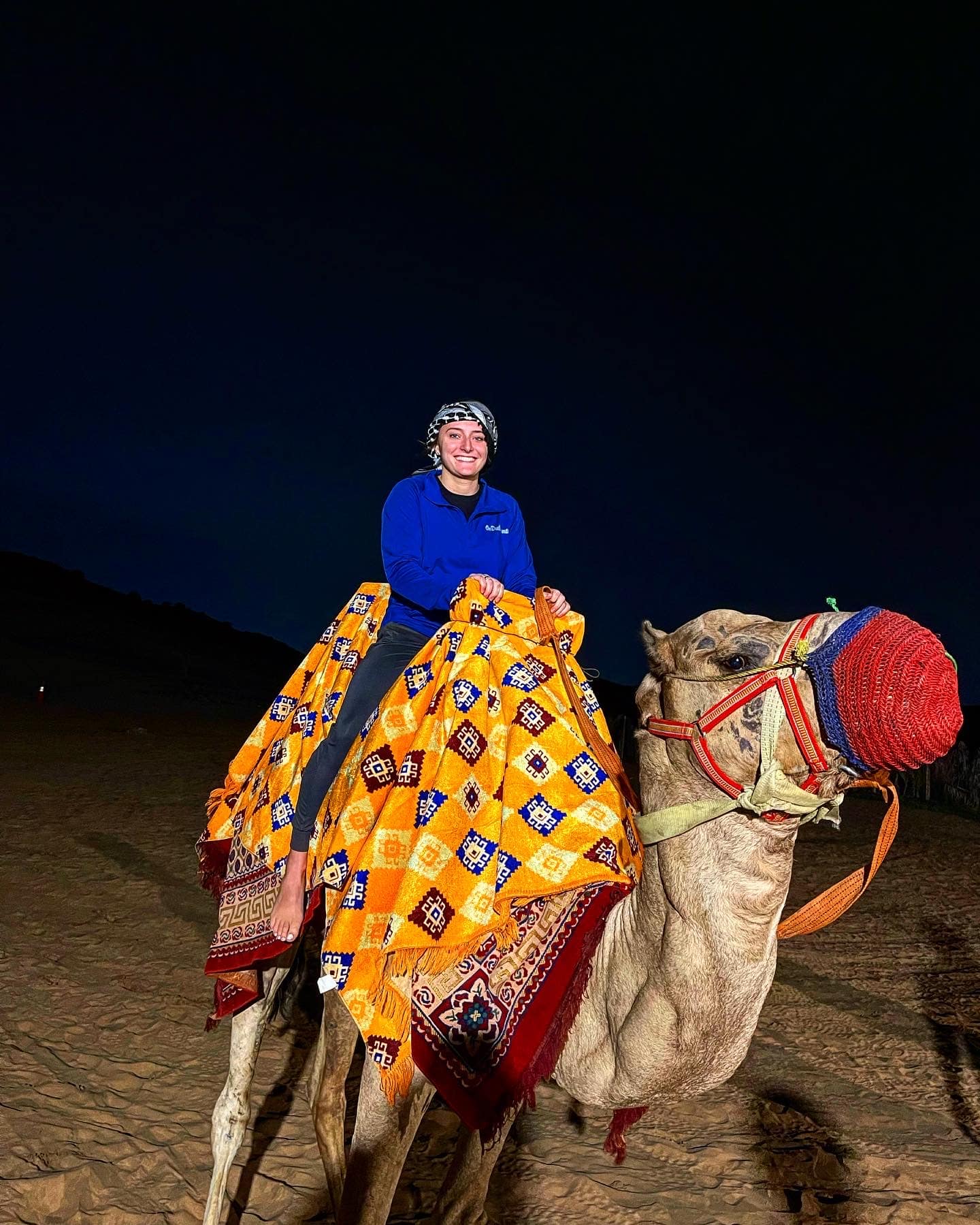 A person riding on a camel at night time.