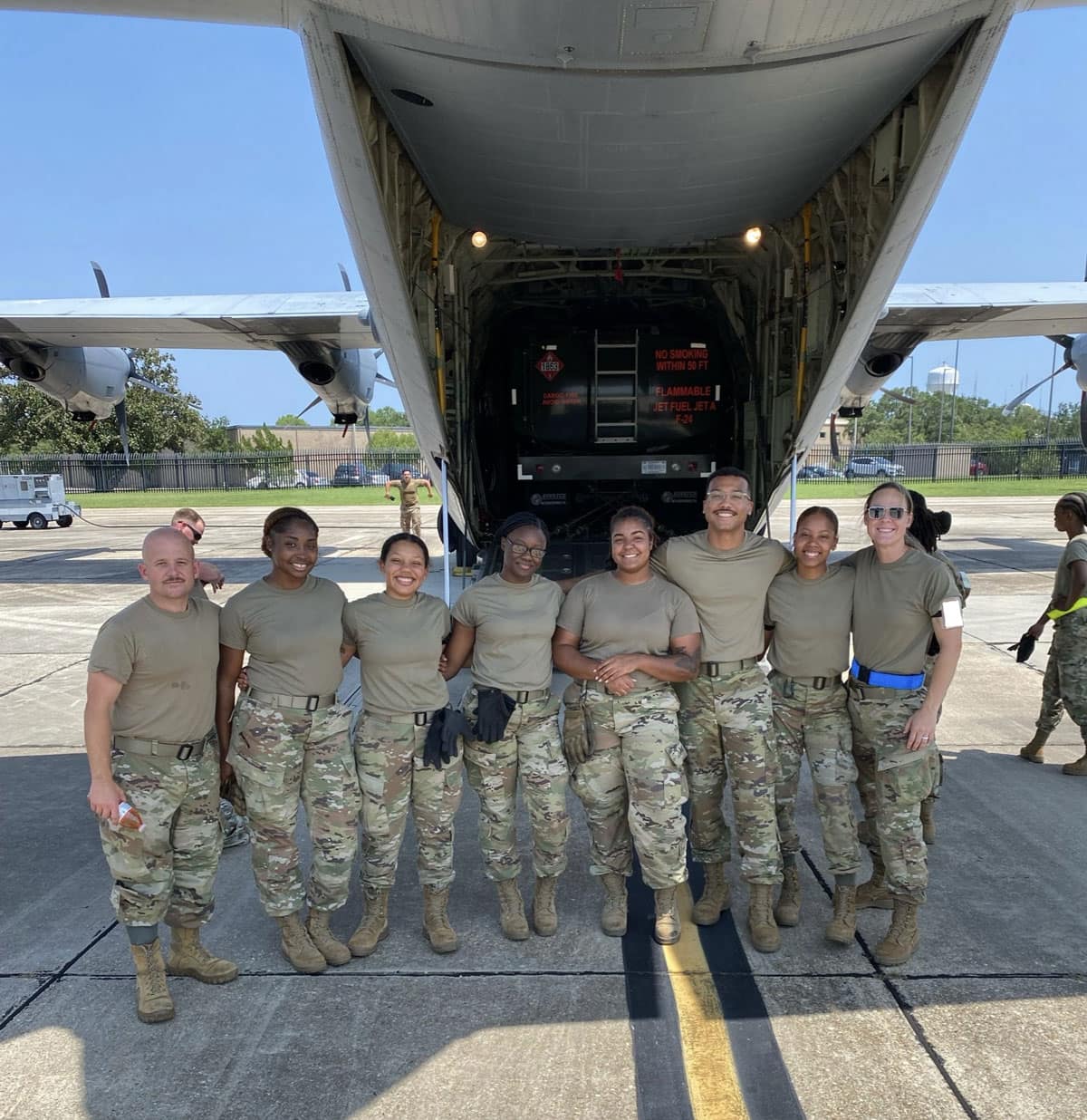 Embry-Riddle Aerospace Engineering student Savannah Burke (third from left) is assisting a neighboring unit in a U.S. Air Force Reserves training exercise.