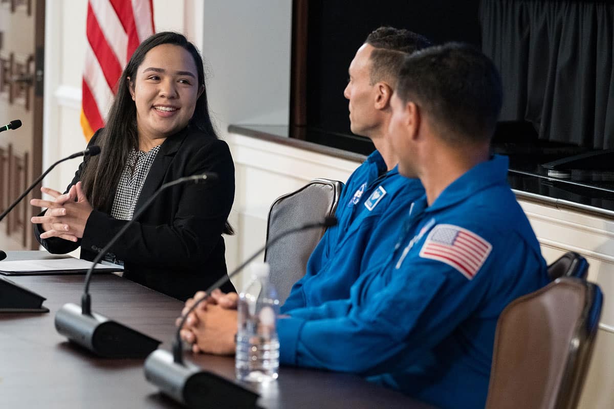 Wilmar A. Gálvez Alfonso interviews Latino NASA astronauts Marcos Berrios and Frank Rubio on a panel during the Hispanic Heritage Foundation Young Latinos in the Space Industry event at the White House.