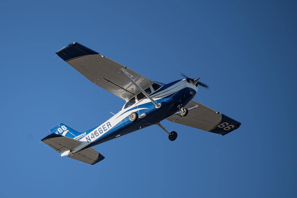An Embry-Riddle Cessna 172 in the blue sky