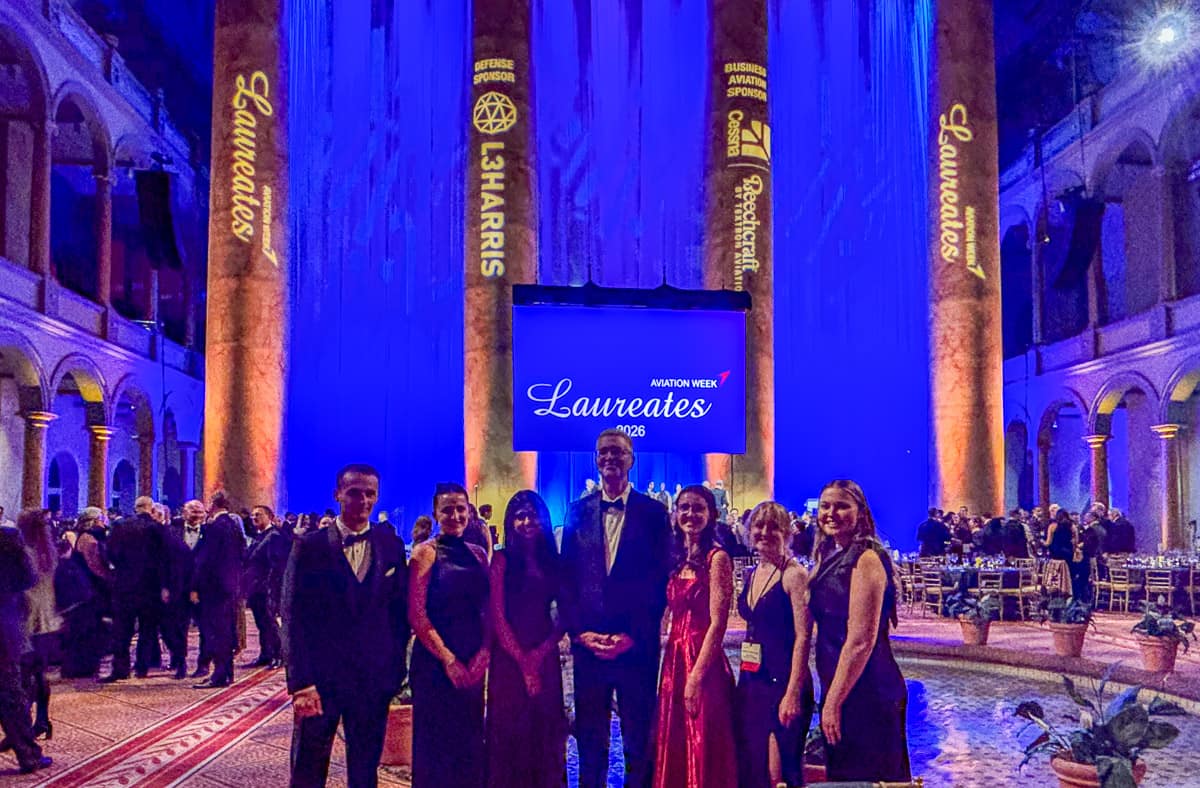 Embry-Riddle President P. Barry Butler stands with six students honored at at Aviation Week Network’s 68th Annual Laureate Awards