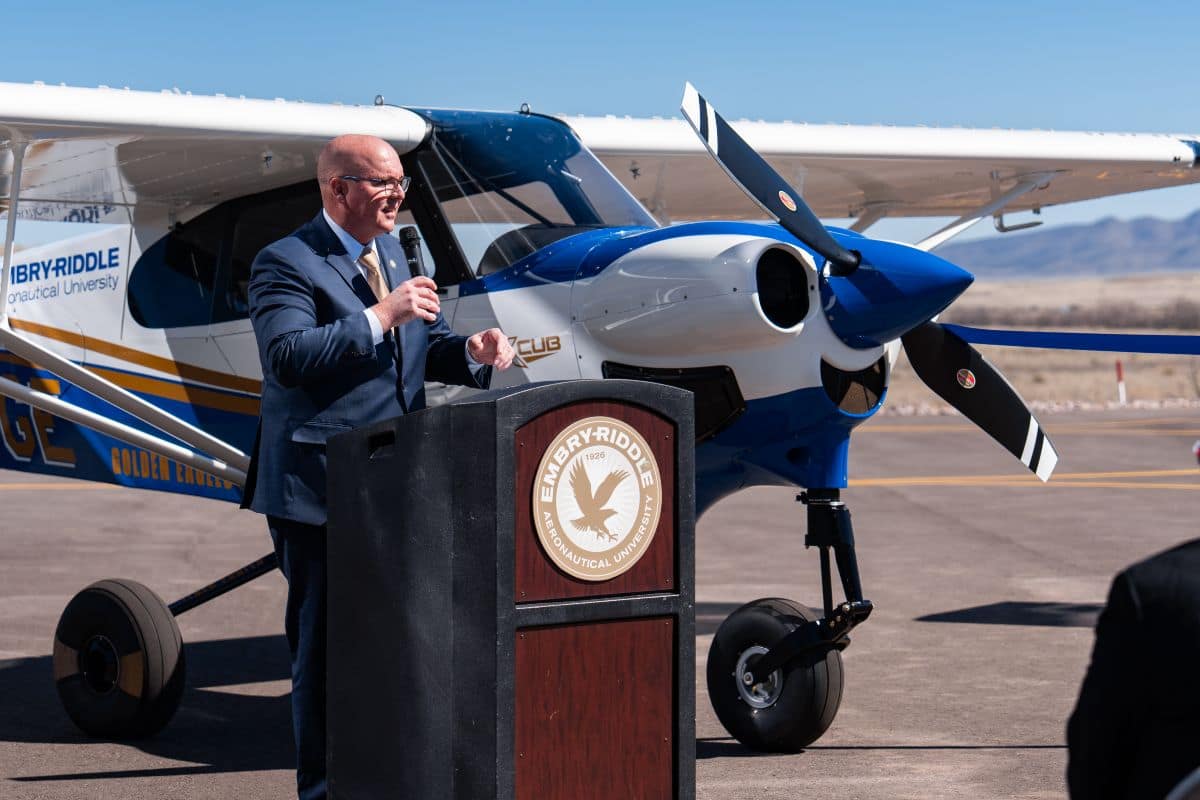 Dr. Ken Witcher, chancellor of Embry-Riddle Aeronautical University’s Prescott Campus, delivers remarks during a ribbon-cutting ceremony for Embry-Riddle’s north flight operations facility.