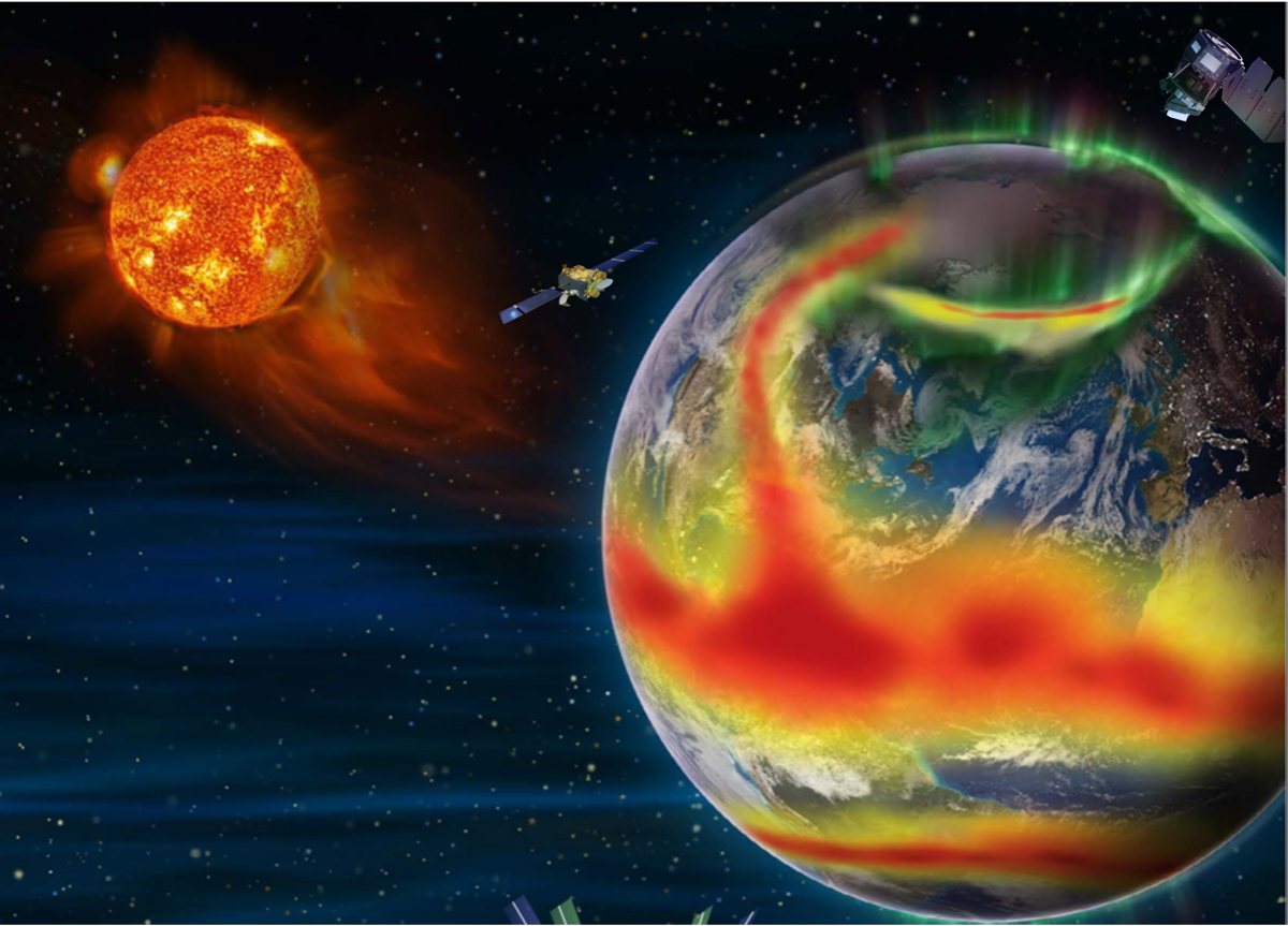 Researchers are studying variations in the ionosphere, a region of space that’s key to communication and constantly rocked by Earth-based as well as solar disturbances. (Illustration: NASA Goddard’s Conceptual Image Lab)