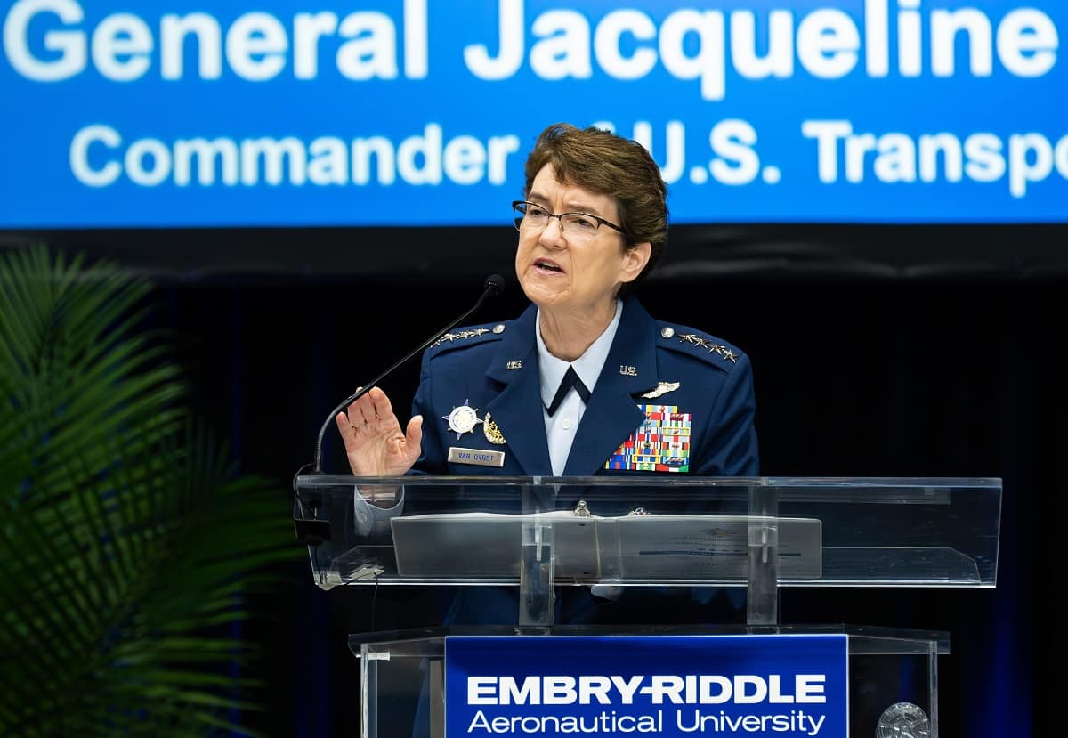U.S. Air Force General Jacqueline D. Van Ovost served as the keynote speaker at Embry-Riddle’s Worldwide Campus commencement, Saturday, April 29, 2023, at the ICI Center.