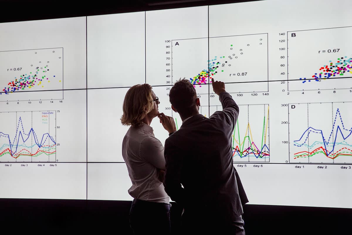 Two people looking at graphs on a projected screen