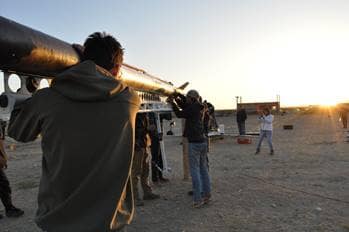 The team hauls its rocket to the rail at the launch site