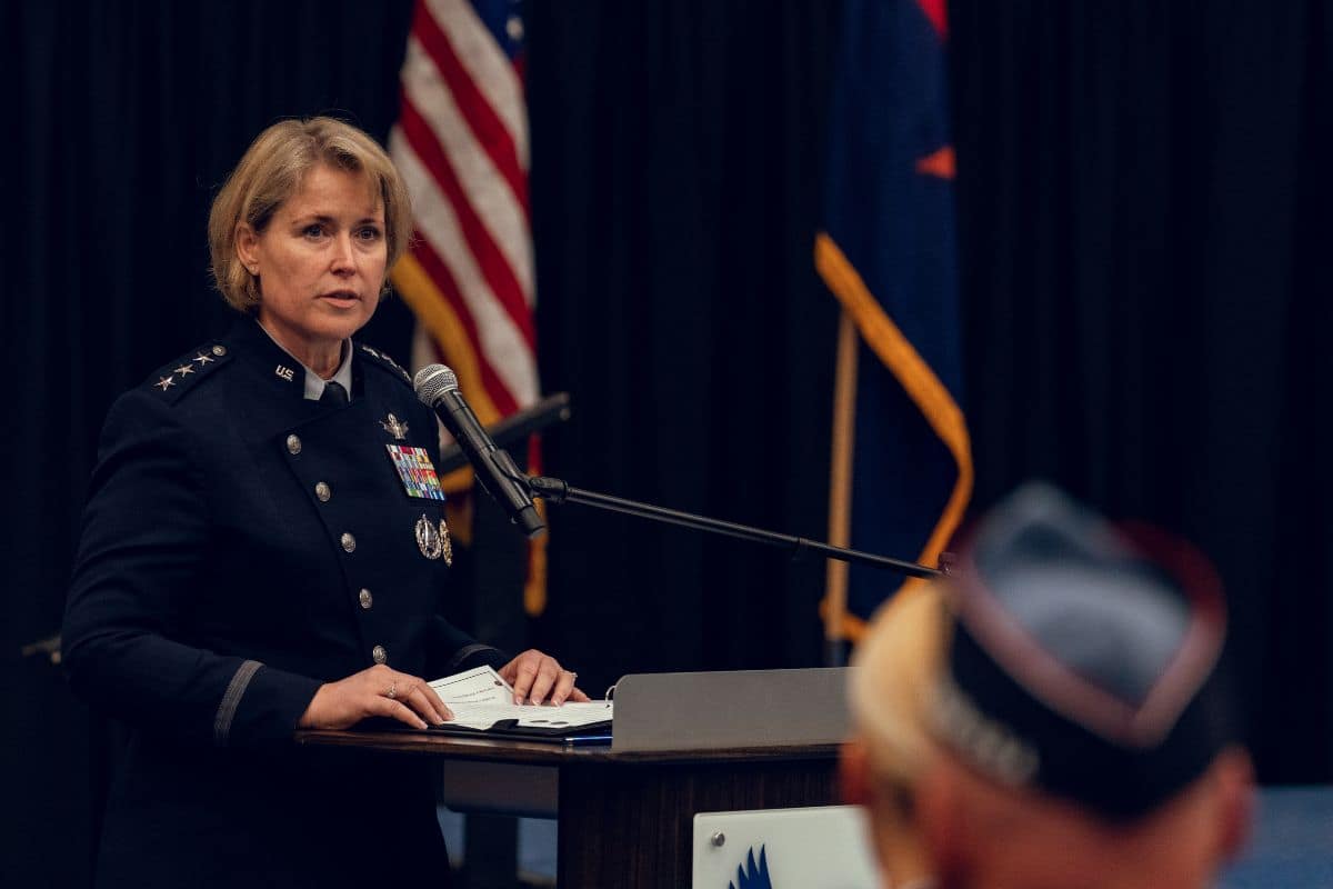 Lt. Gen. DeAnna Burt gives the keynote address at Embry-Riddle’s Detachment 028 commissioning ceremony at the Prescott Campus