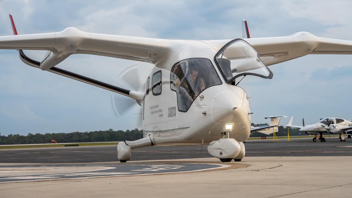 An advanced mobility aircraft on a flight line