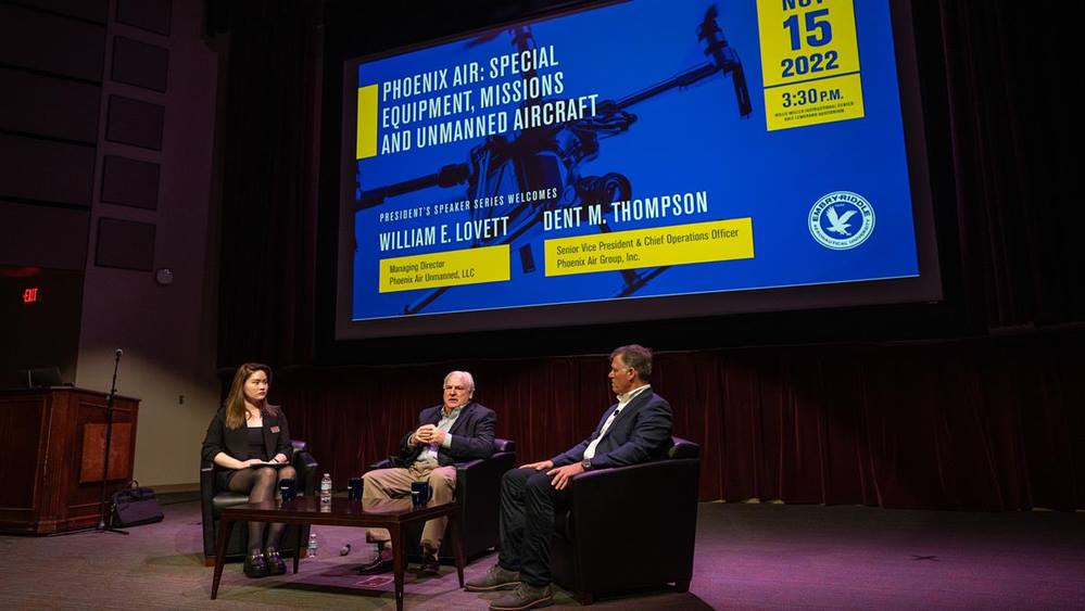 Embry-Riddle master’s student Cici Chen interviewed Phoenix Air executives Dent Thompson, senior vice president and chief operations officer, and William Lovett, managing director of Phoenix Air Unmanned, at the latest Presidential Speaker Series Event on the Daytona Beach Campus.