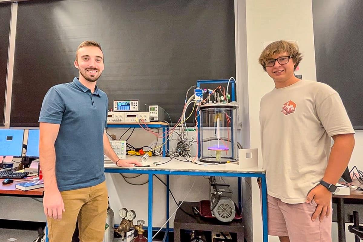 Engineering Physics students Jared Nelson (left) and Seth Gerow using a Dusty Plasma Chamber at Embry-Riddle’s SAIL Lab