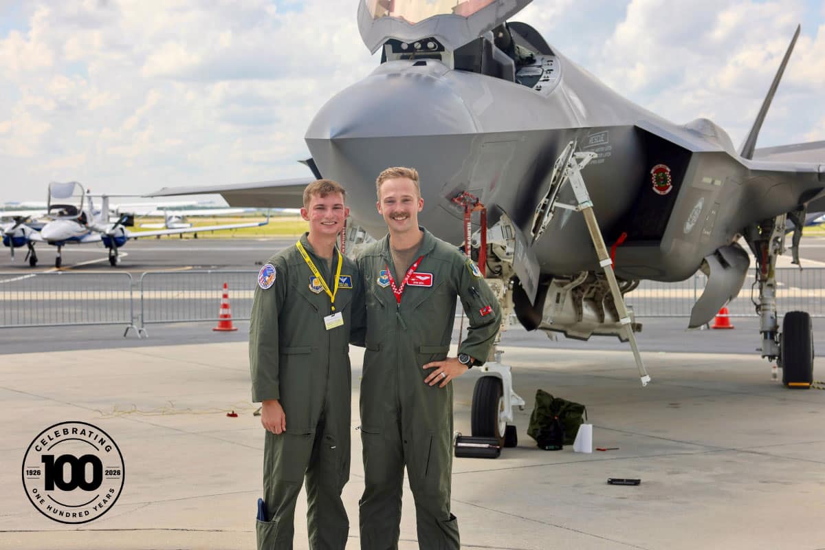 F-35 pilot Capt. Ian Mehl (right) returned to Embry-Riddle’s Daytona Beach Campus, where he had once been a student and where his younger brother David was currently an Eagle. Capt. Mehl, pictured here with his brother (left), piloted one of two F-35s from Eglin Air Force Base that performed flyovers and conducted a static display, giving students an up-close look at the jets.